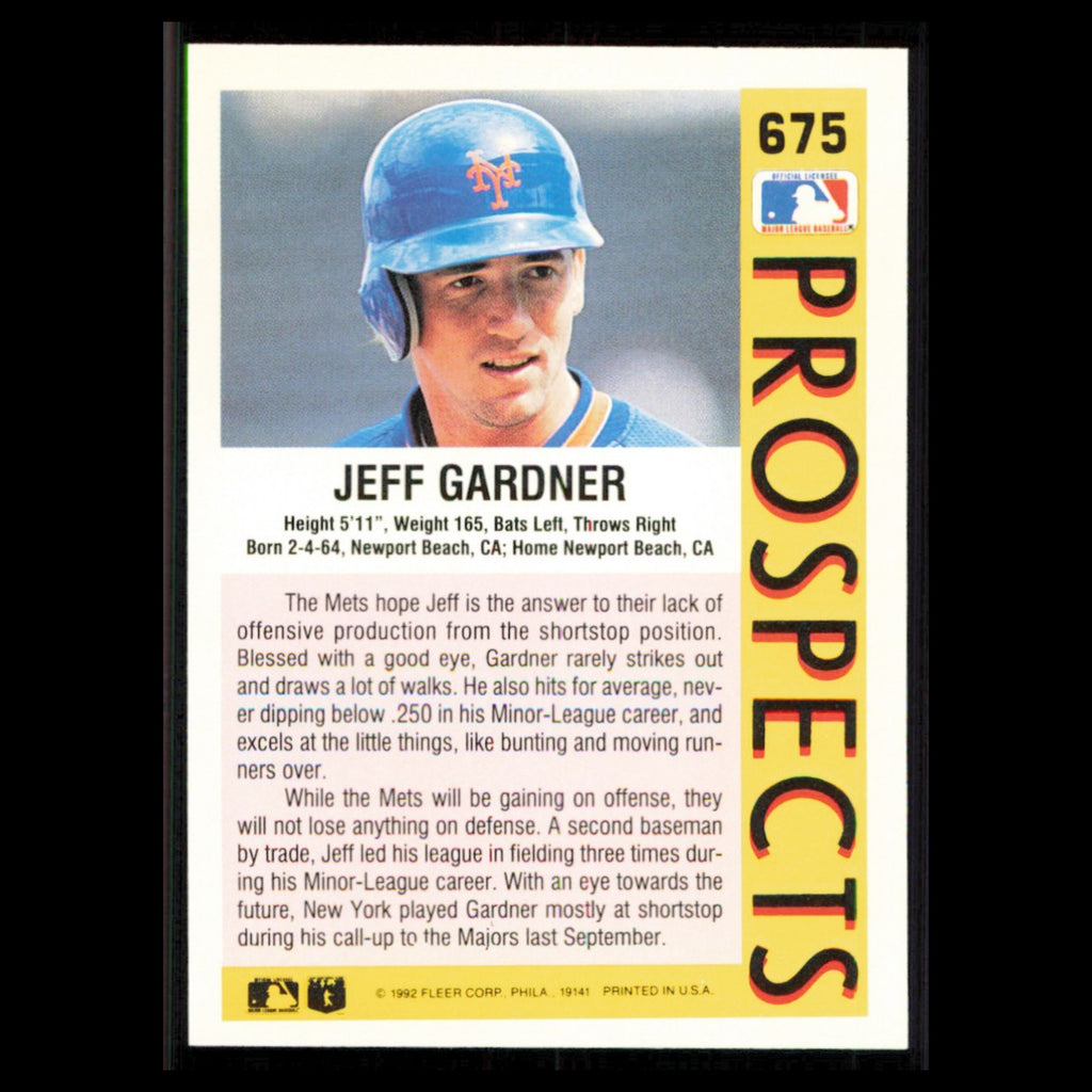 Jeff Gardner Rookie #675 1992 Fleer New York Mets Baseball Card MLB NM