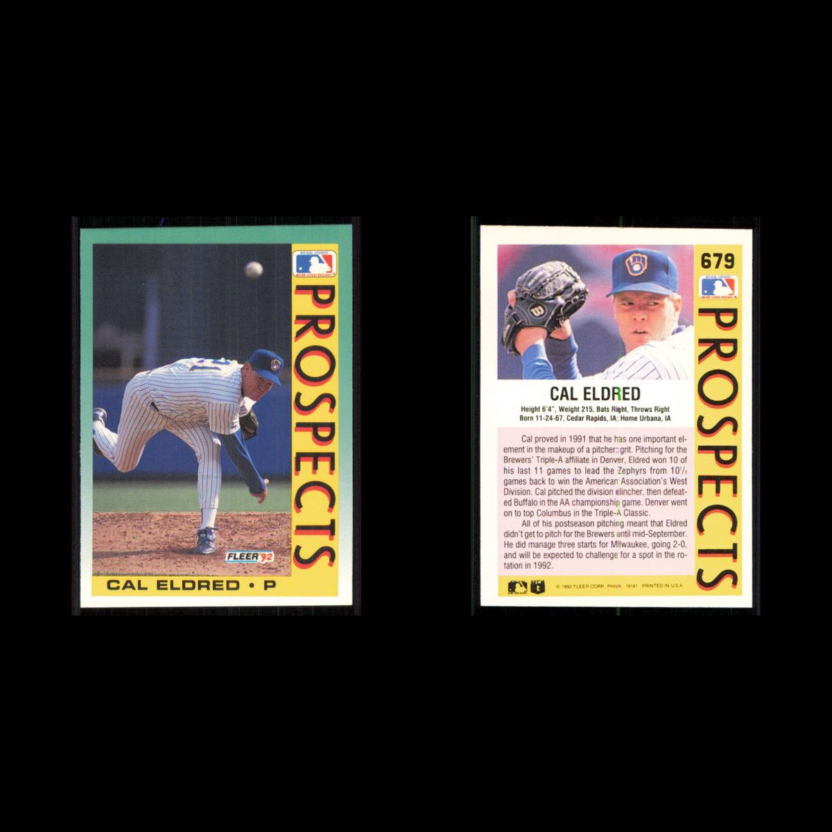 Cal Eldred Rookie #679 1992 Fleer Milwaukee Brewers Baseball Card MLB NM