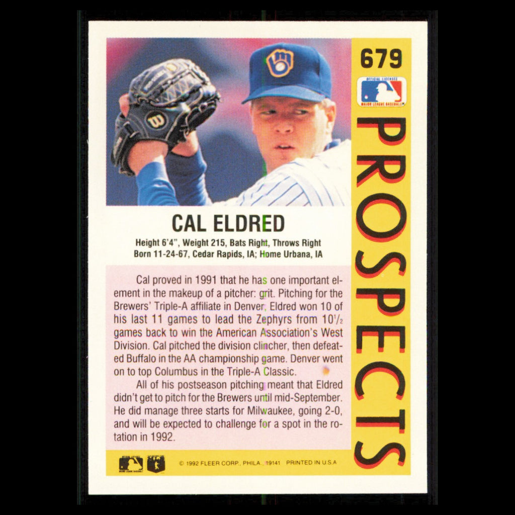 Cal Eldred Rookie #679 1992 Fleer Milwaukee Brewers Baseball Card MLB NM