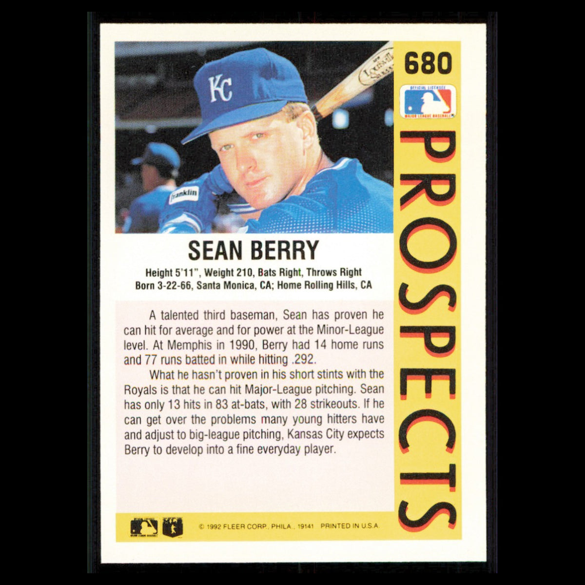 Sean Berry Rookie #680 1992 Fleer Kansas City Royals Baseball Card MLB NM