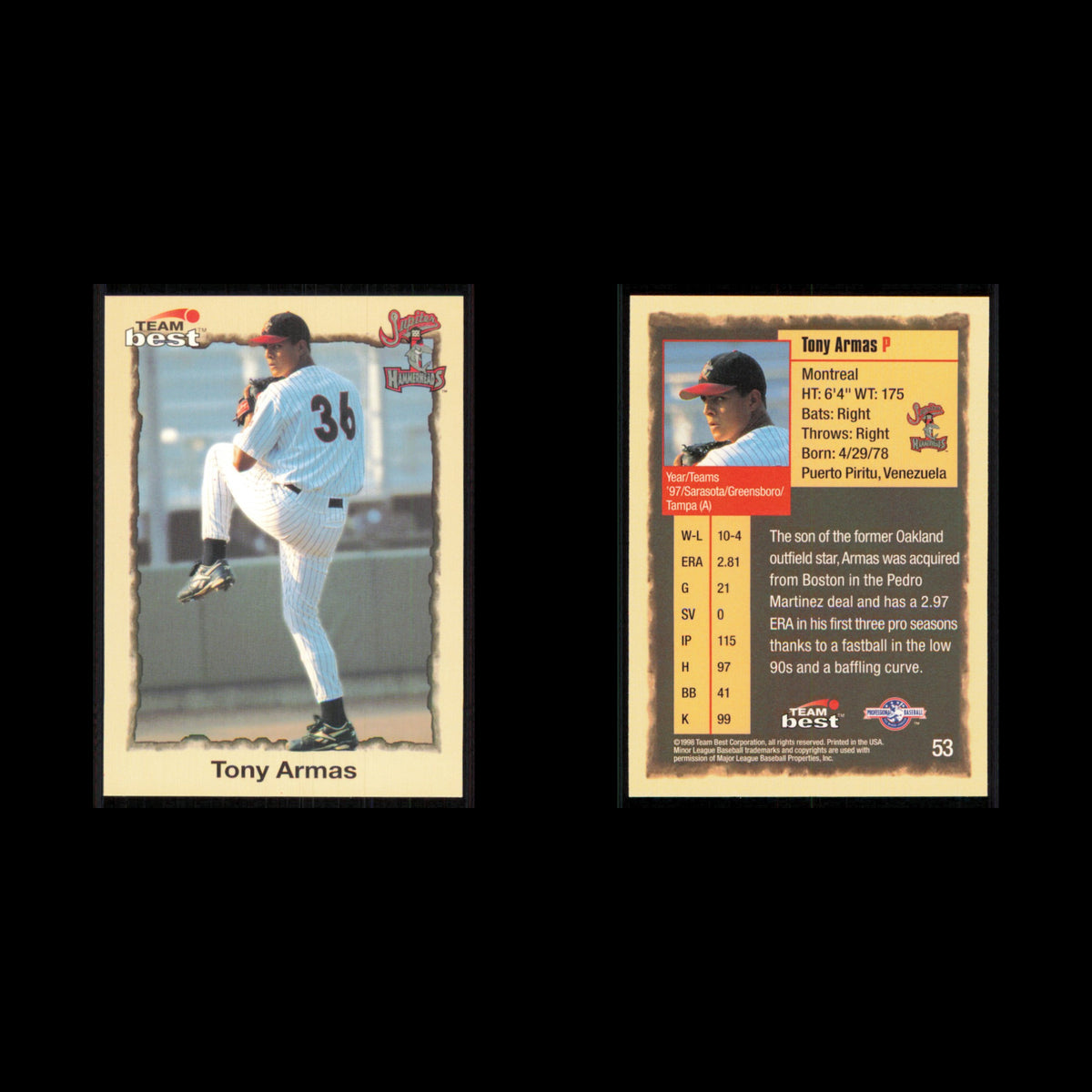 Tony Armas Jr. #53 1998 Team Best Jupiter Hammerheads Baseball Card MLB NM