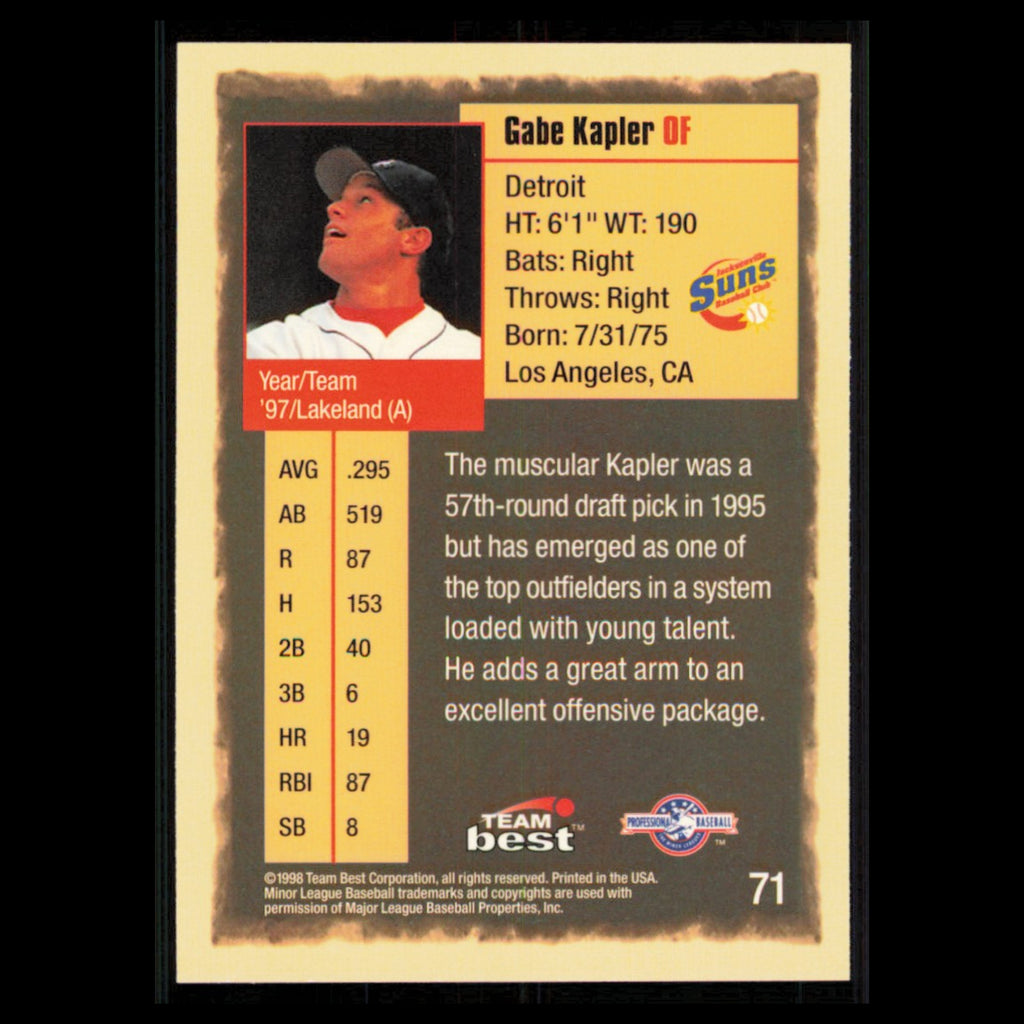 Gabe Kapler #71 1998 Team Best Jacksonville Suns Baseball Card MLB NM