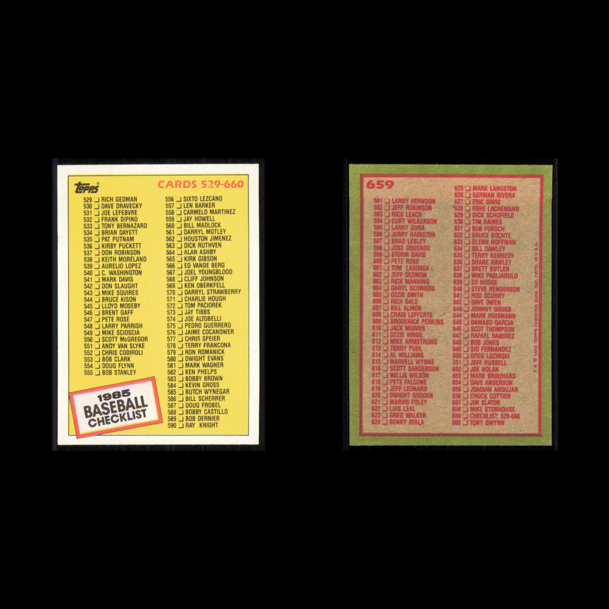 Checklist #659 1985 Topps Baseball Card MLB NM