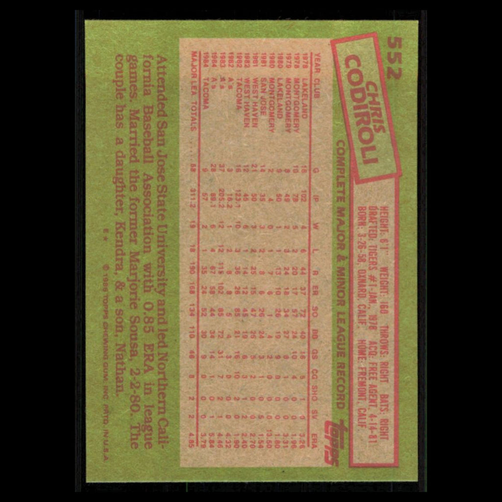 Chris Codiroli #552 1985 Topps Oakland Athletics Baseball Card MLB NM