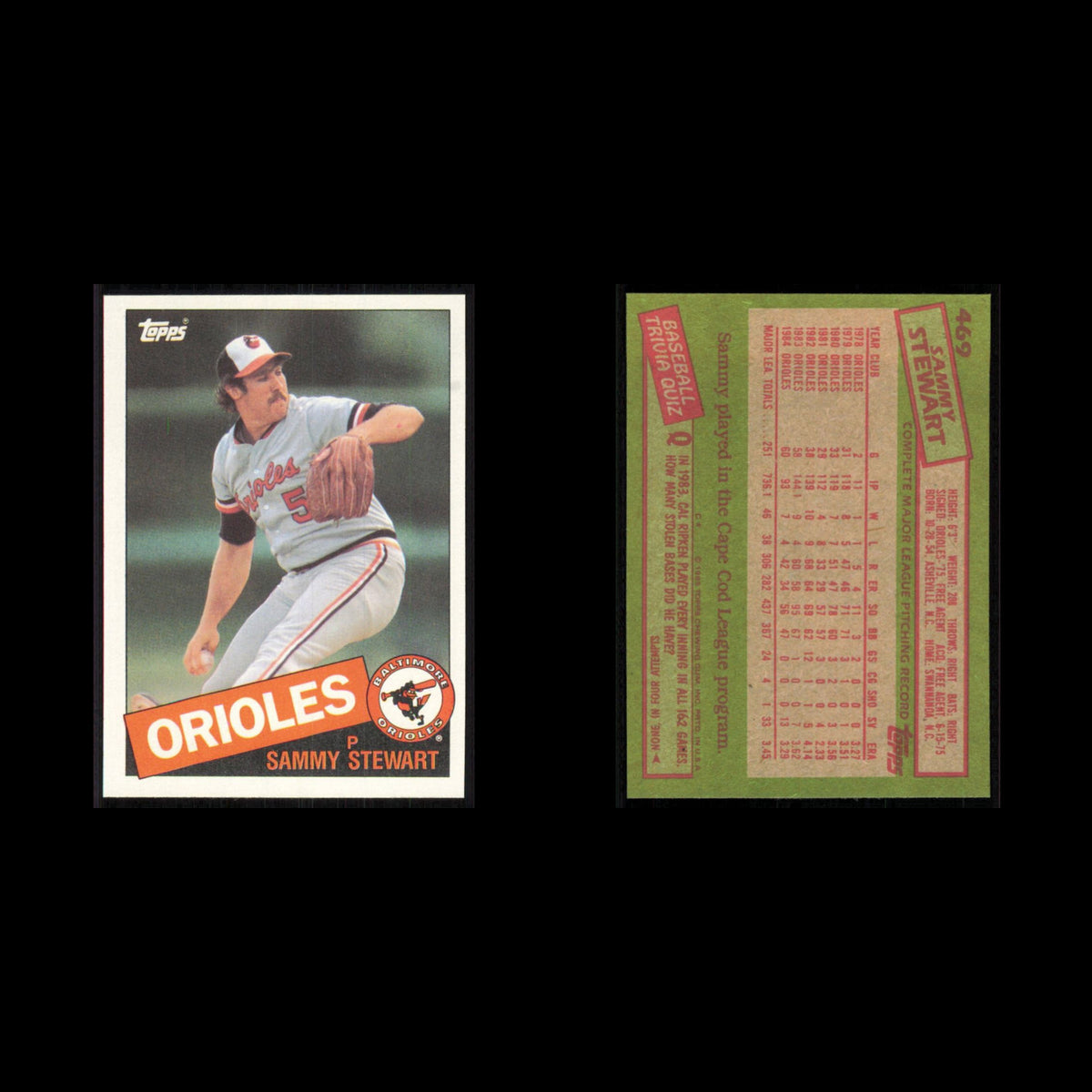 Sammy Stewart #469 1985 Topps Baltimore Orioles Baseball Card MLB NM