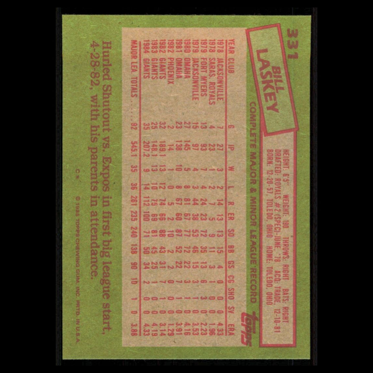 Bill Laskey #331 1985 Topps San Francisco Giants Baseball Card MLB NM