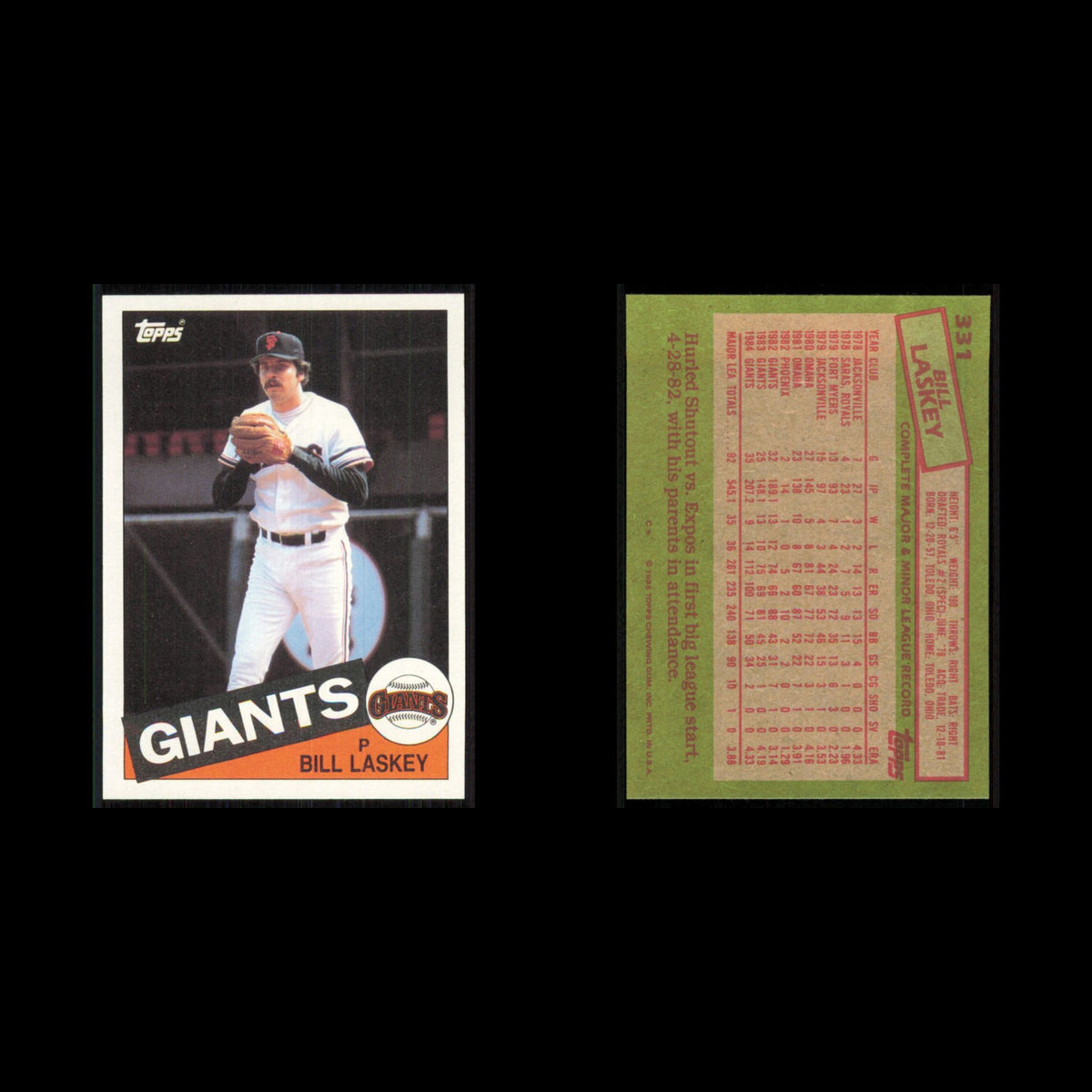 Bill Laskey #331 1985 Topps San Francisco Giants Baseball Card MLB NM