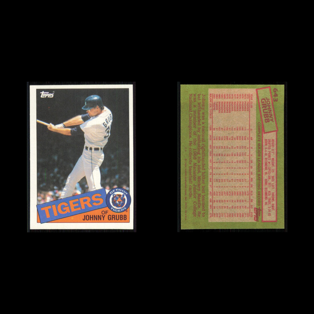 Johnny Grubb #643 1985 Topps Detroit Tigers Baseball Card MLB NM