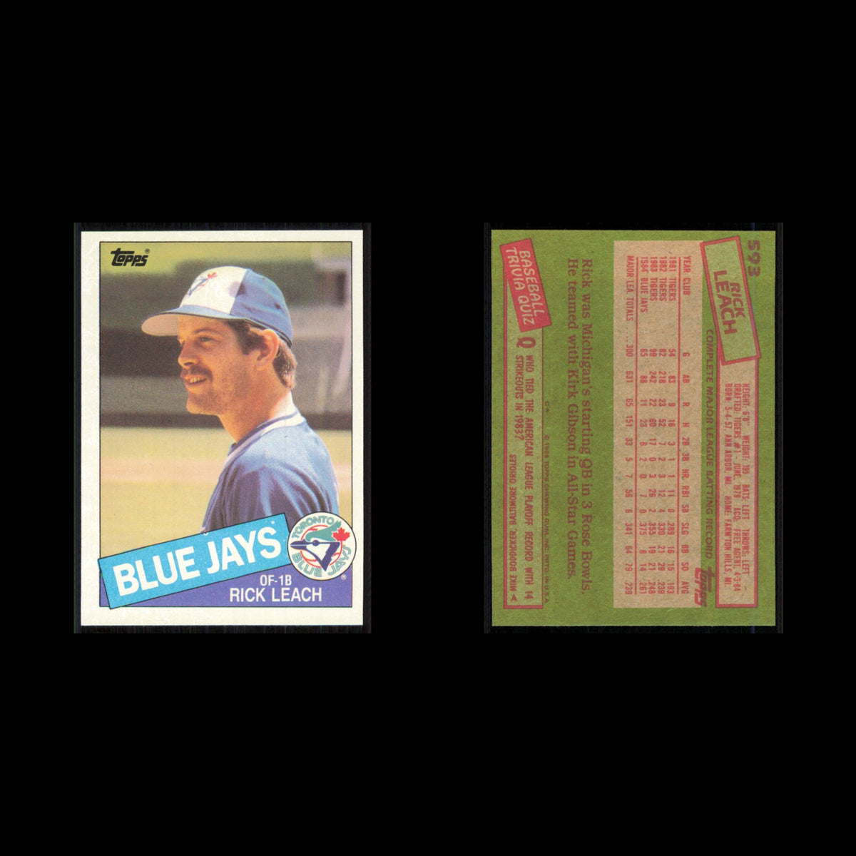 Rick Leach #593 1985 Topps Toronto Blue Jays Baseball Card MLB NM