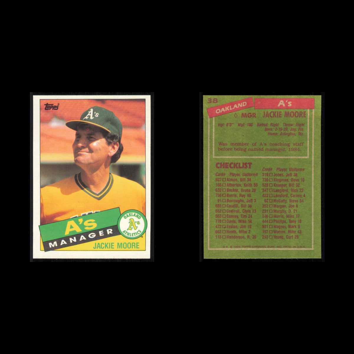 Jackie Moore #38 1985 Topps Oakland Athletics Baseball Card MLB NM