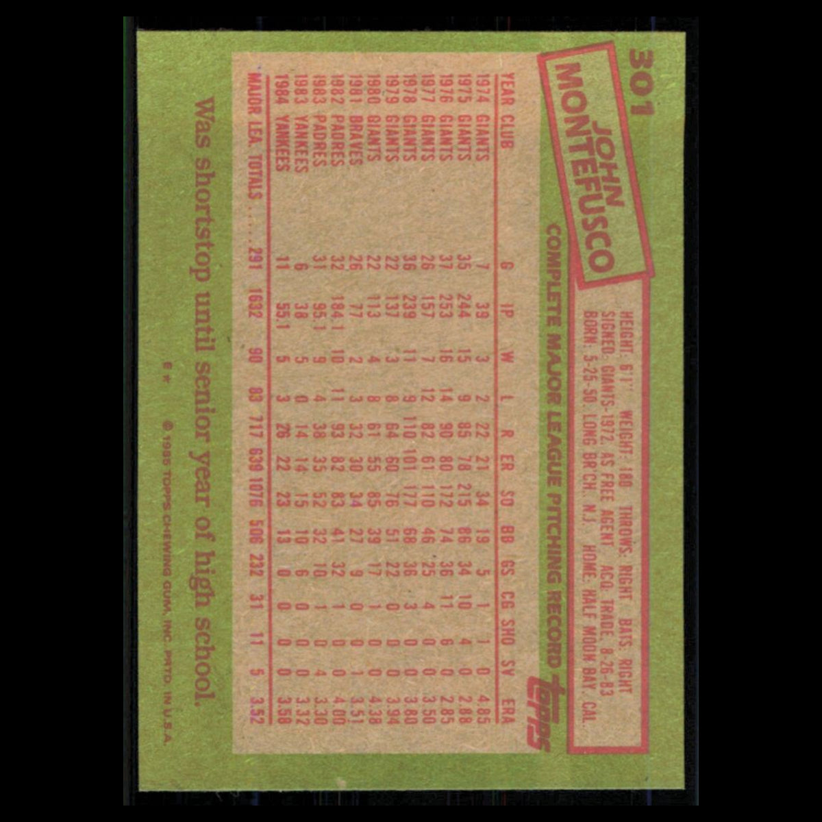 John Montefusco #301 1985 Topps New York Yankees Baseball Card MLB NM