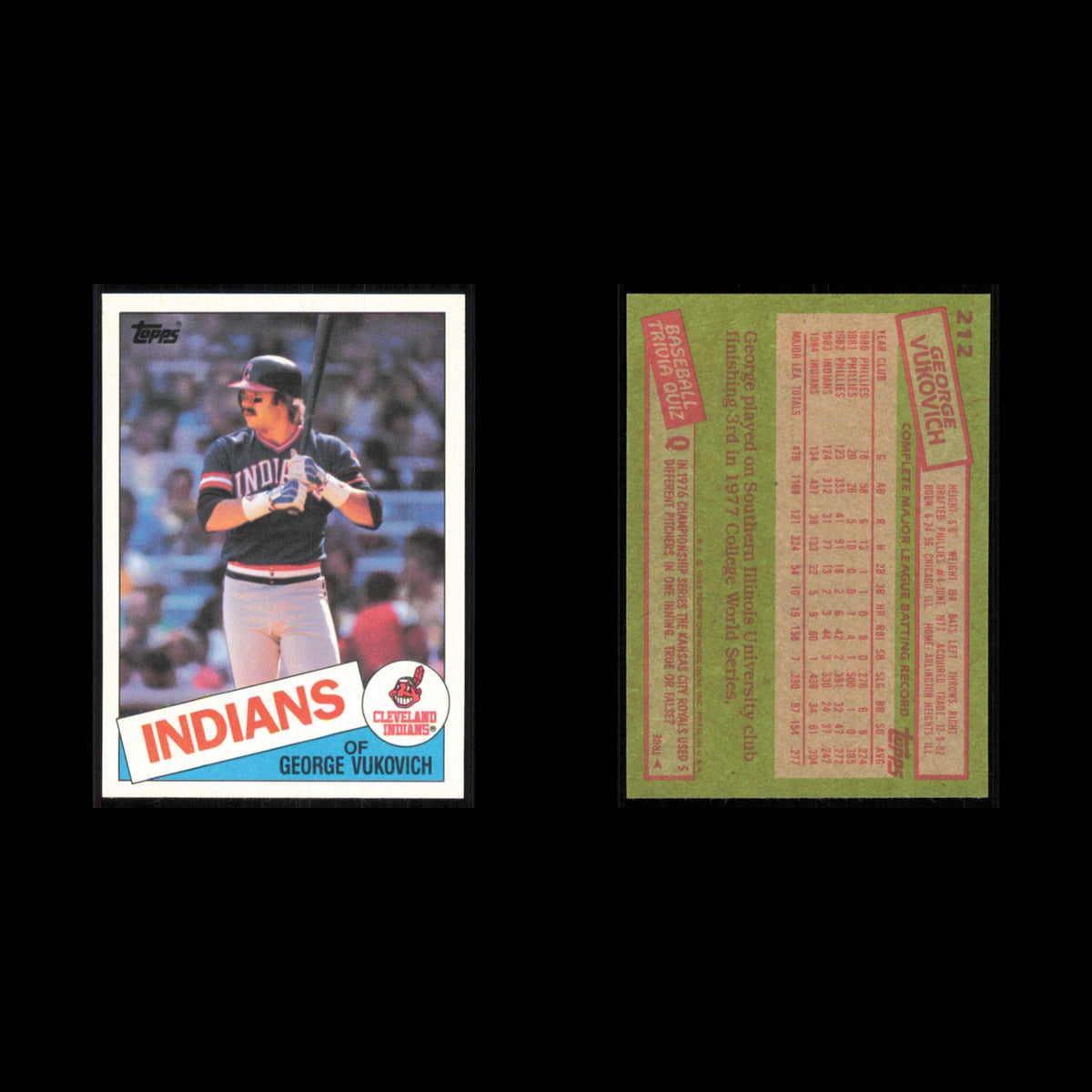 George Vukovich #212 1985 Topps Cleveland Indians Baseball Card MLB NM