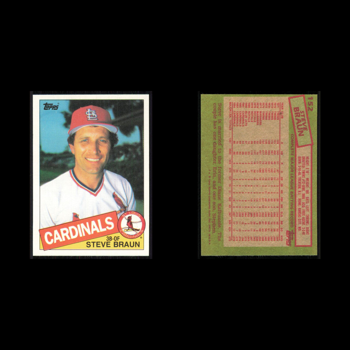 Steve Braun #152 1985 Topps St. Louis Cardinals Baseball Card MLB NM