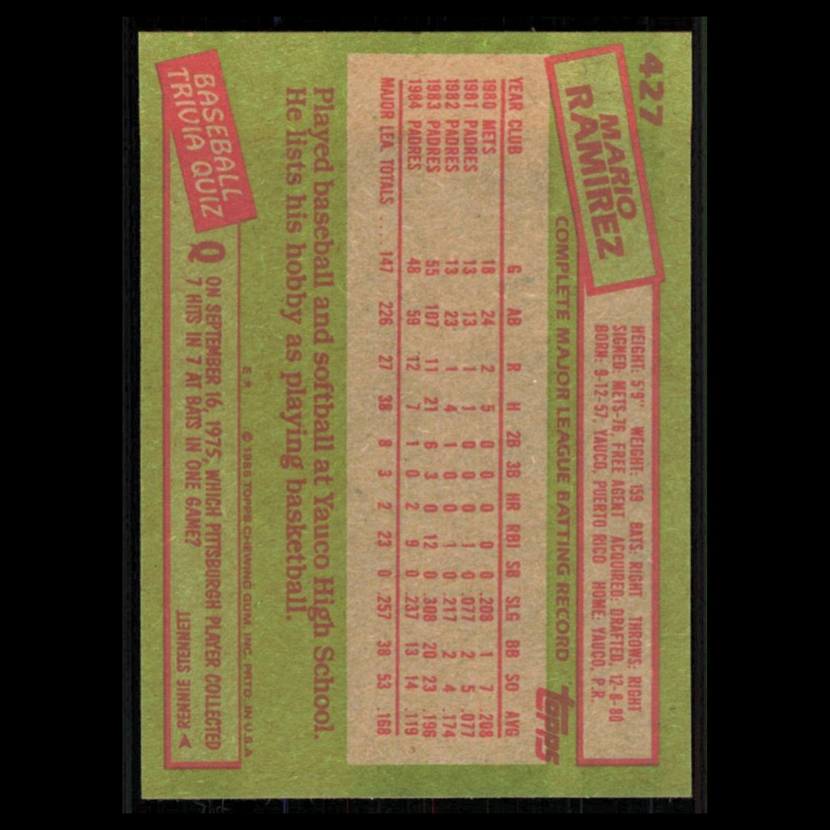 Mario Ramirez #427 1985 Topps San Diego Padres Baseball Card MLB NM