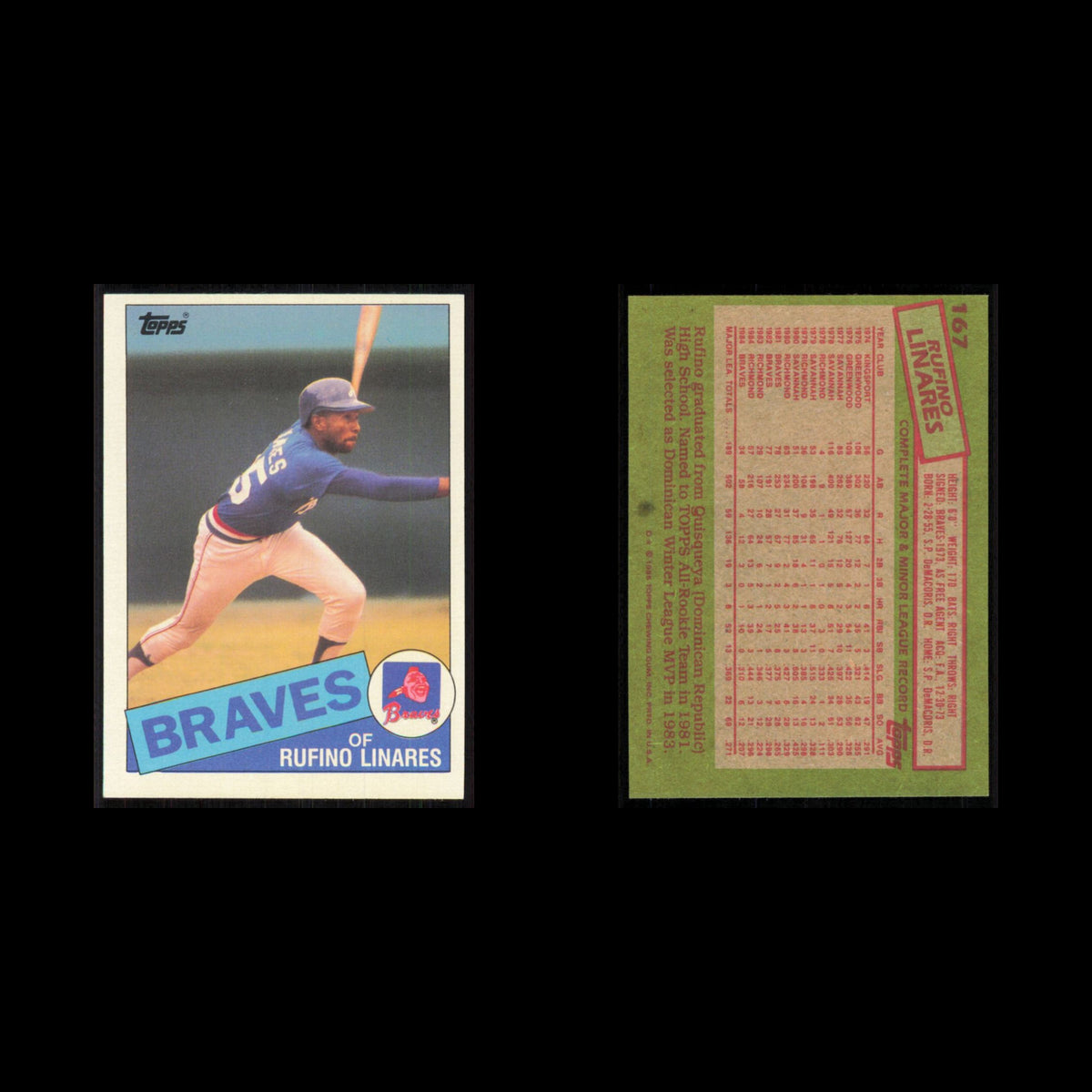 Rufino Linares #167 1985 Topps Atlanta Braves Baseball Card MLB NM