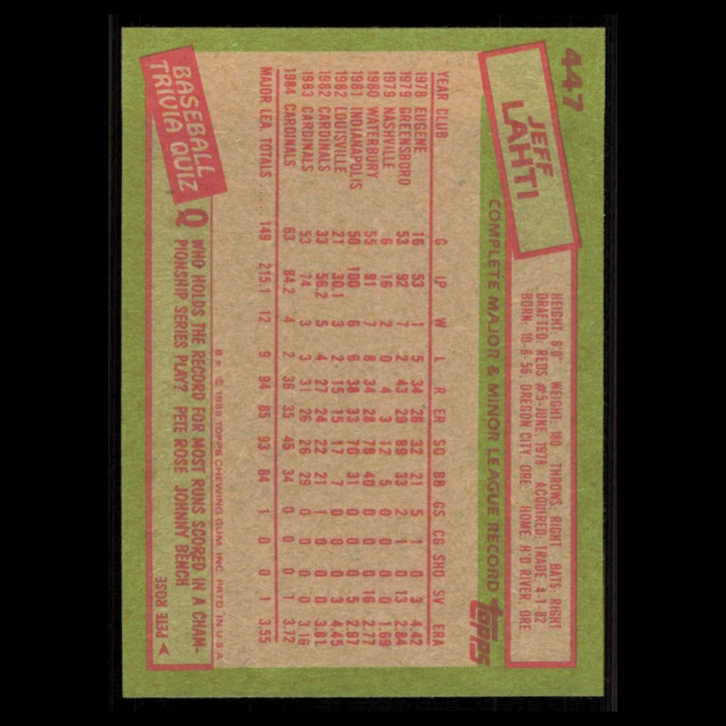 Jeff Lahti #447 1985 Topps St. Louis Cardinals Baseball Card MLB NM