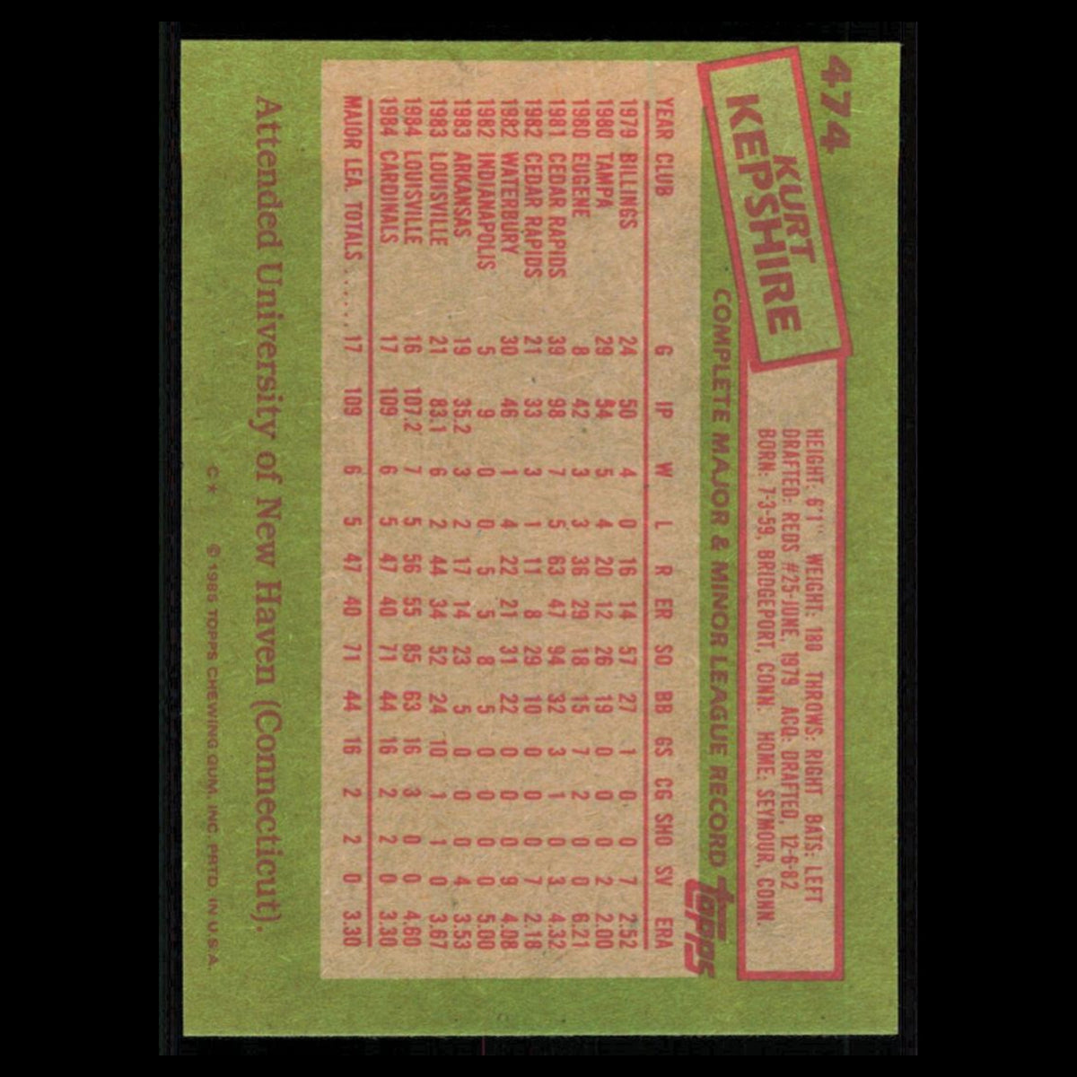 Kurt Kepshire #474 1985 Topps St. Louis Cardinals Baseball Card MLB NM