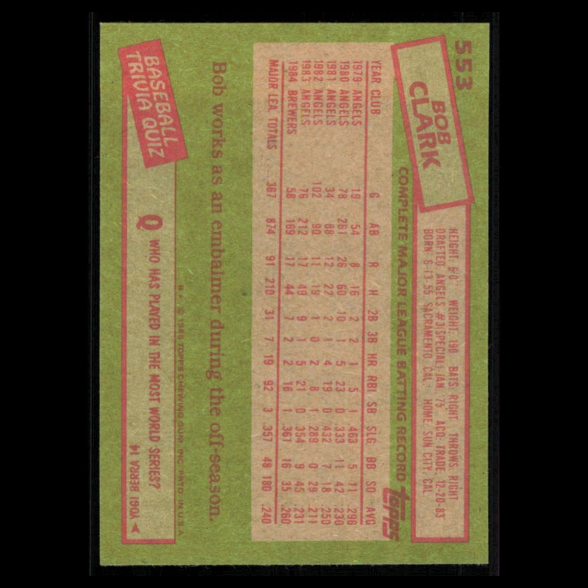 Bob Clark #553 1985 Topps Milwaukee Brewers Baseball Card MLB NM