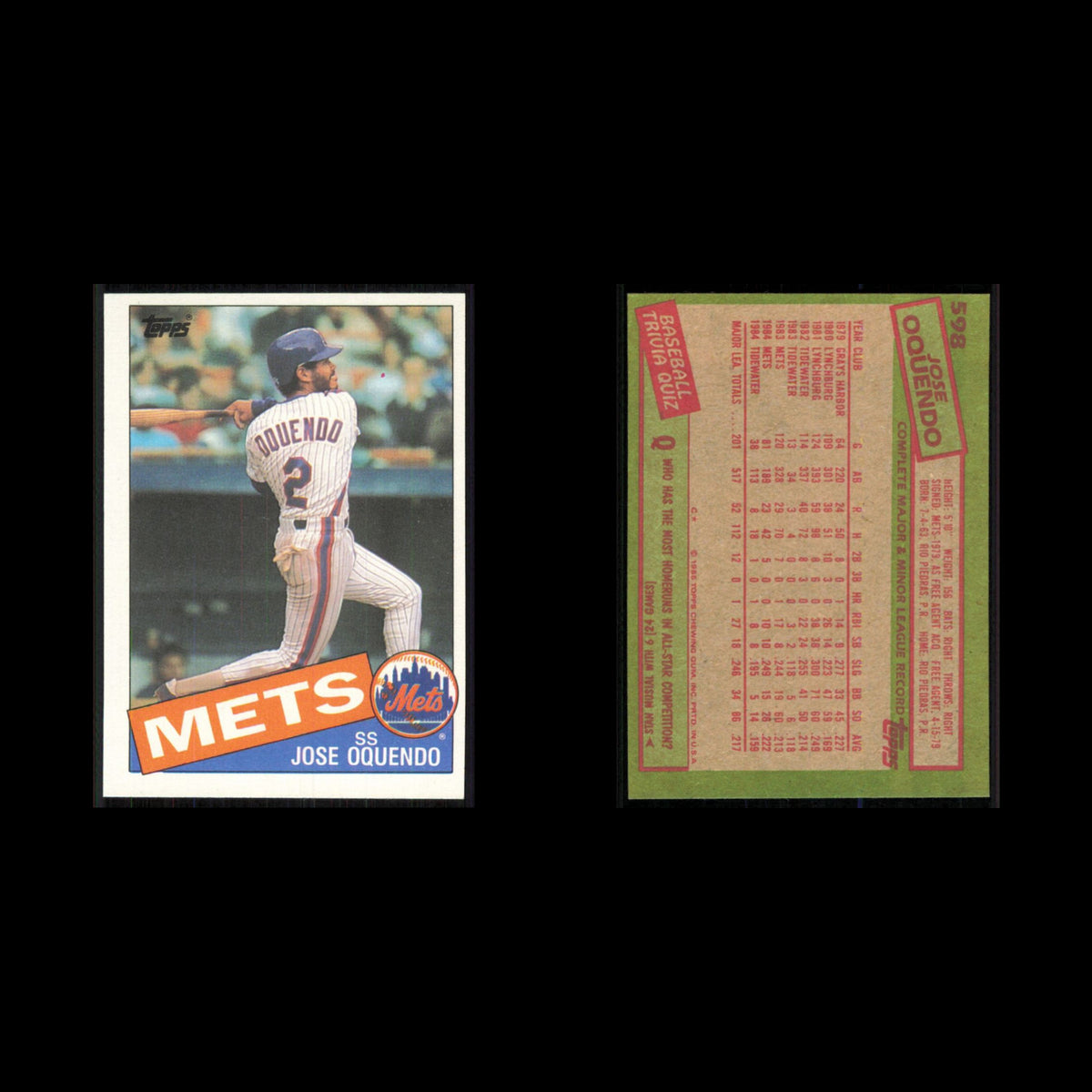 Jose Oquendo #598 1985 Topps New York Mets Baseball Card MLB NM