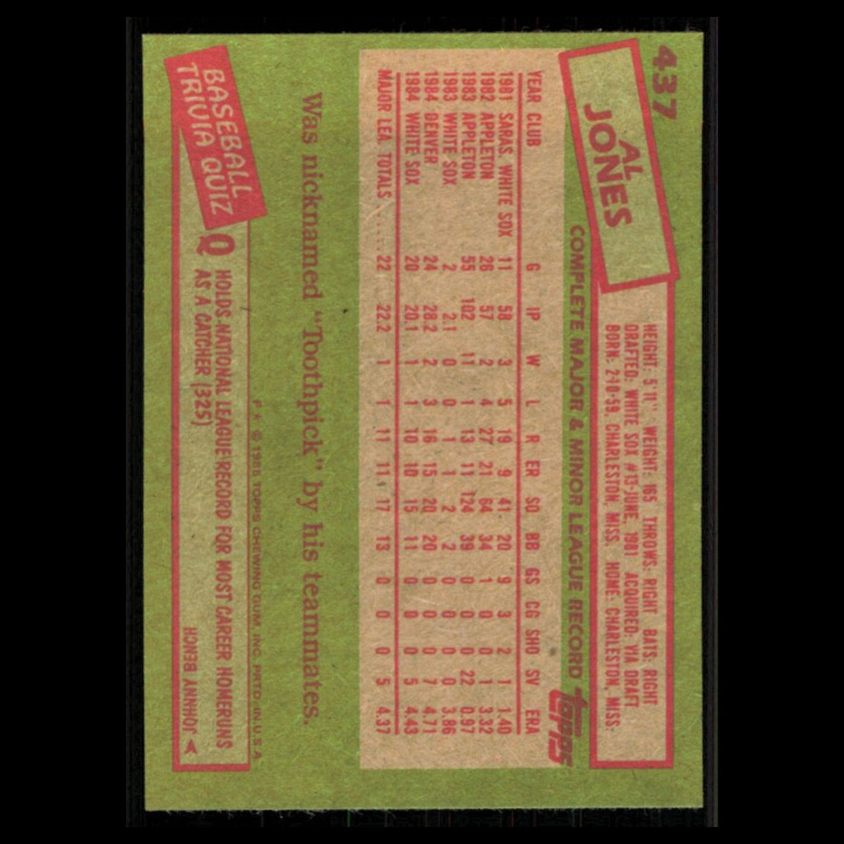 Al Jones #437 1985 Topps Chicago White Sox Baseball Card MLB NM