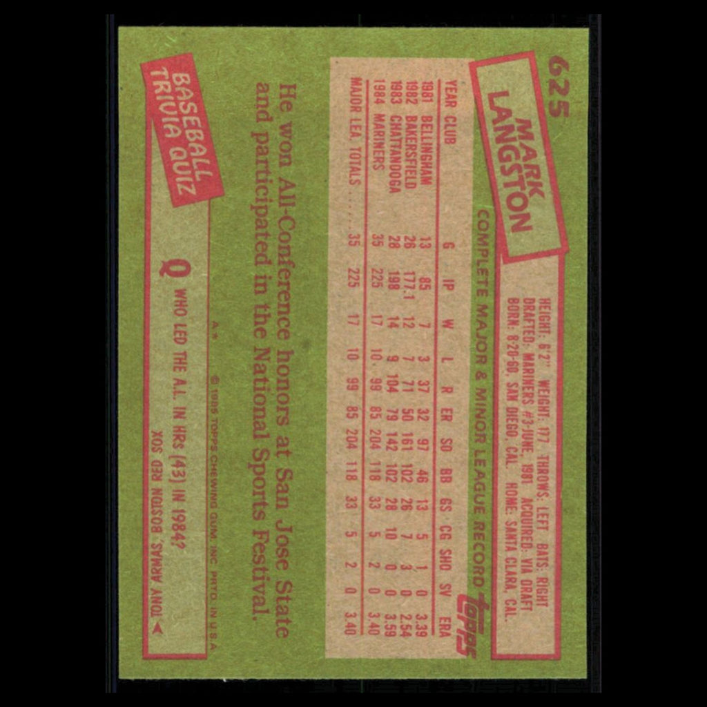 Mark Langston Rookie #625 1985 Topps Seattle Mariners Baseball Card MLB NM