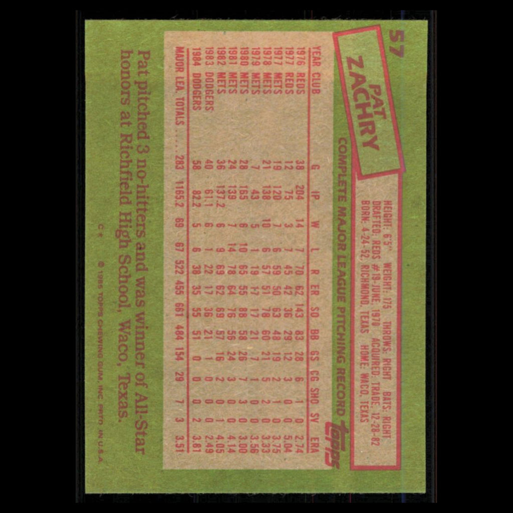 Pat Zachry #57 1985 Topps Los Angeles Dodgers Baseball Card MLB NM