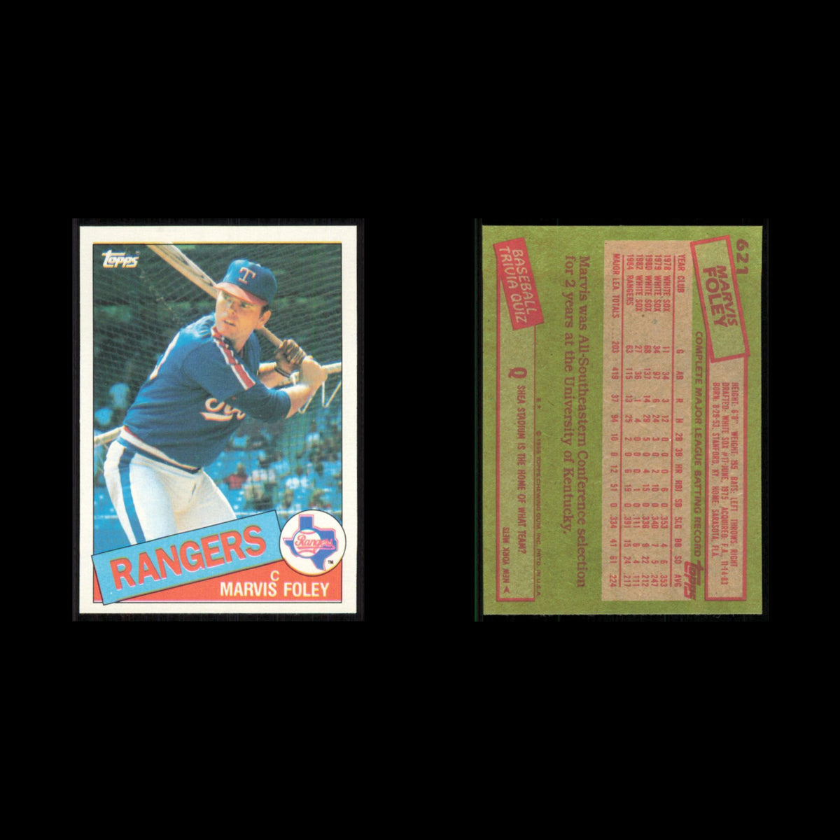 Marvis Foley #621 1985 Topps Texas Rangers Baseball Card MLB NM