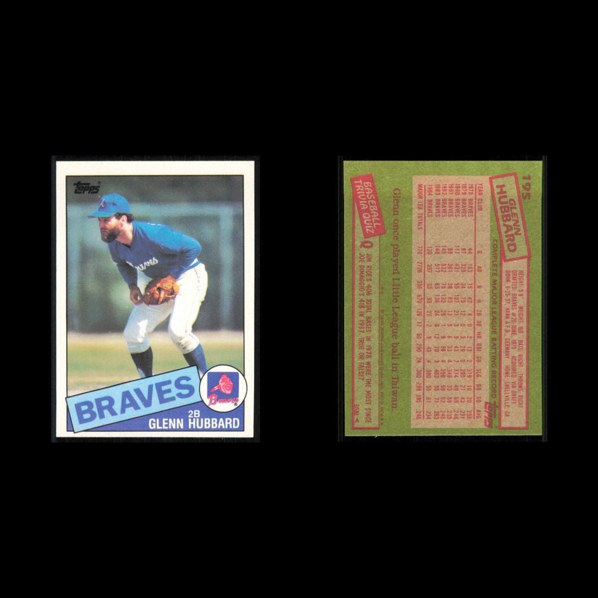 Glenn Hubbard #195 1985 Topps Atlanta Braves Baseball Card MLB NM