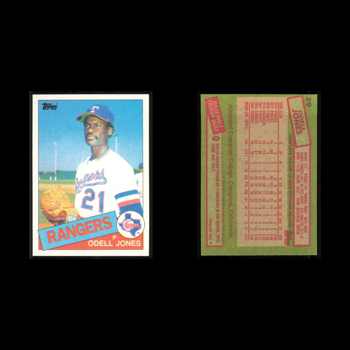 Odell Jones #29 1985 Topps Texas Rangers Baseball Card MLB NM