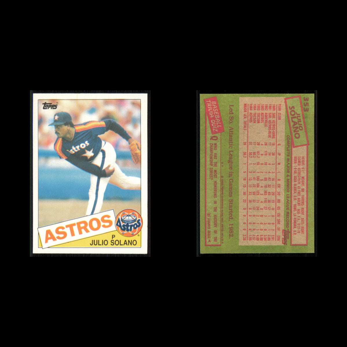 Julio Solano Rookie #353 1985 Topps Houston Astros Baseball Card MLB NM