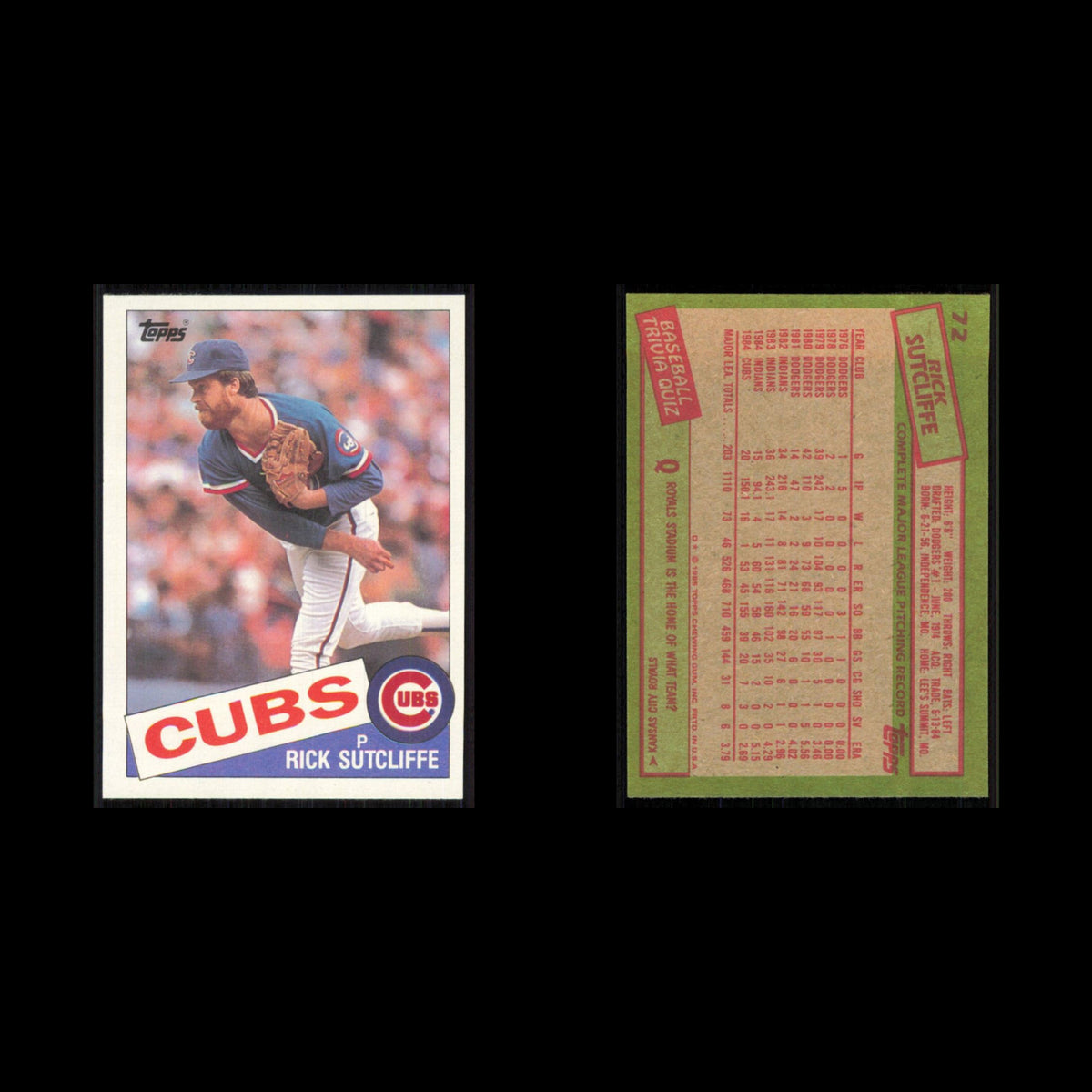Rick Sutcliffe #72 1985 Topps Chicago Cubs Baseball Card MLB NM
