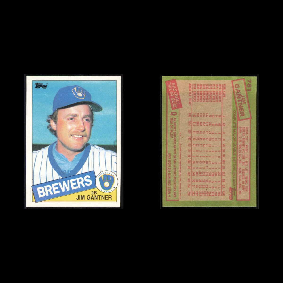 Jim Gantner #781 1985 Topps Milwaukee Brewers Baseball Card MLB NM