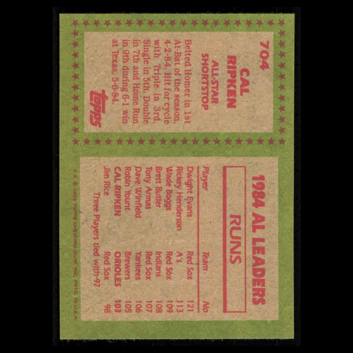 Cal Ripken #704 1985 Topps Baltimore Orioles Baseball Card MLB NM