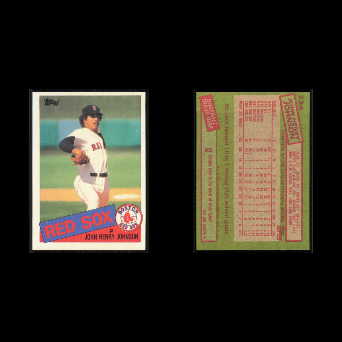 John Henry Johnson #734 1985 Topps Boston Red Sox Baseball Card MLB NM