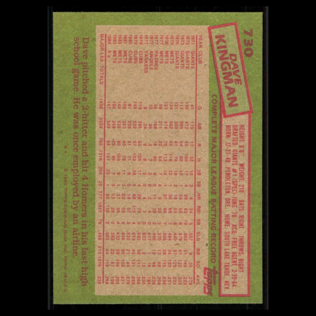 Dave Kingman #730 1985 Topps Oakland Athletics Baseball Card MLB NM