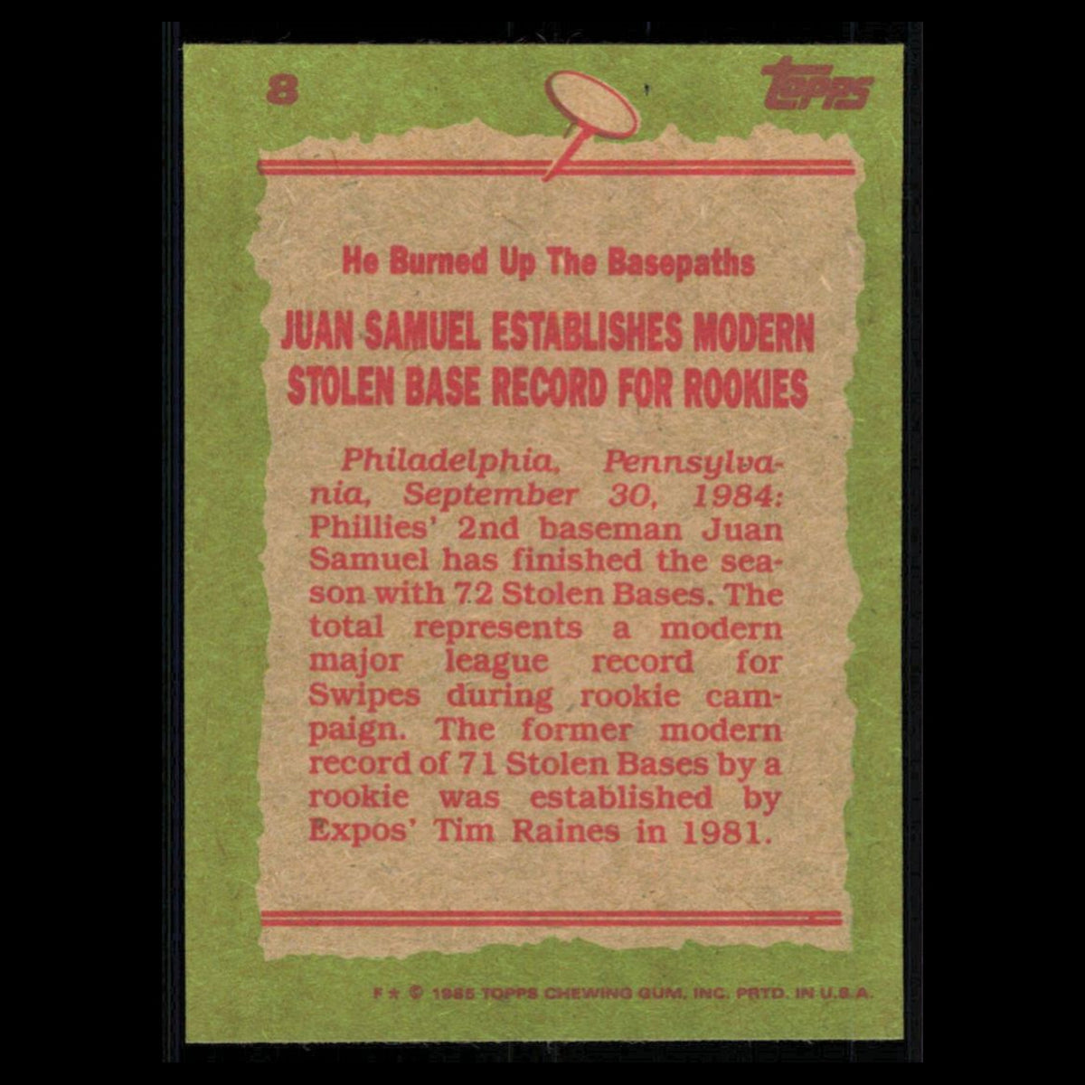 Juan Samuel #8 1985 Topps Philadelphia Phillies Baseball Card MLB NM