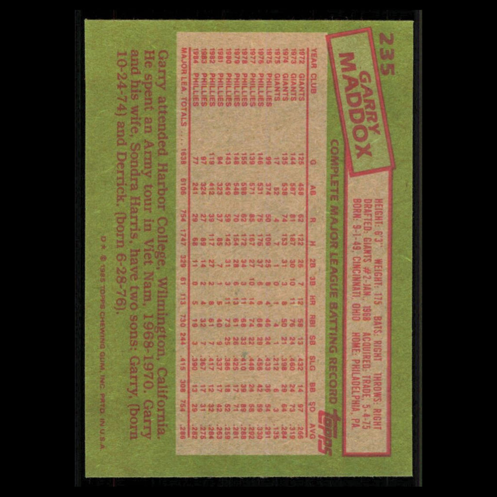 Garry Maddox #235 1985 Topps Philadelphia Phillies Baseball Card MLB NM