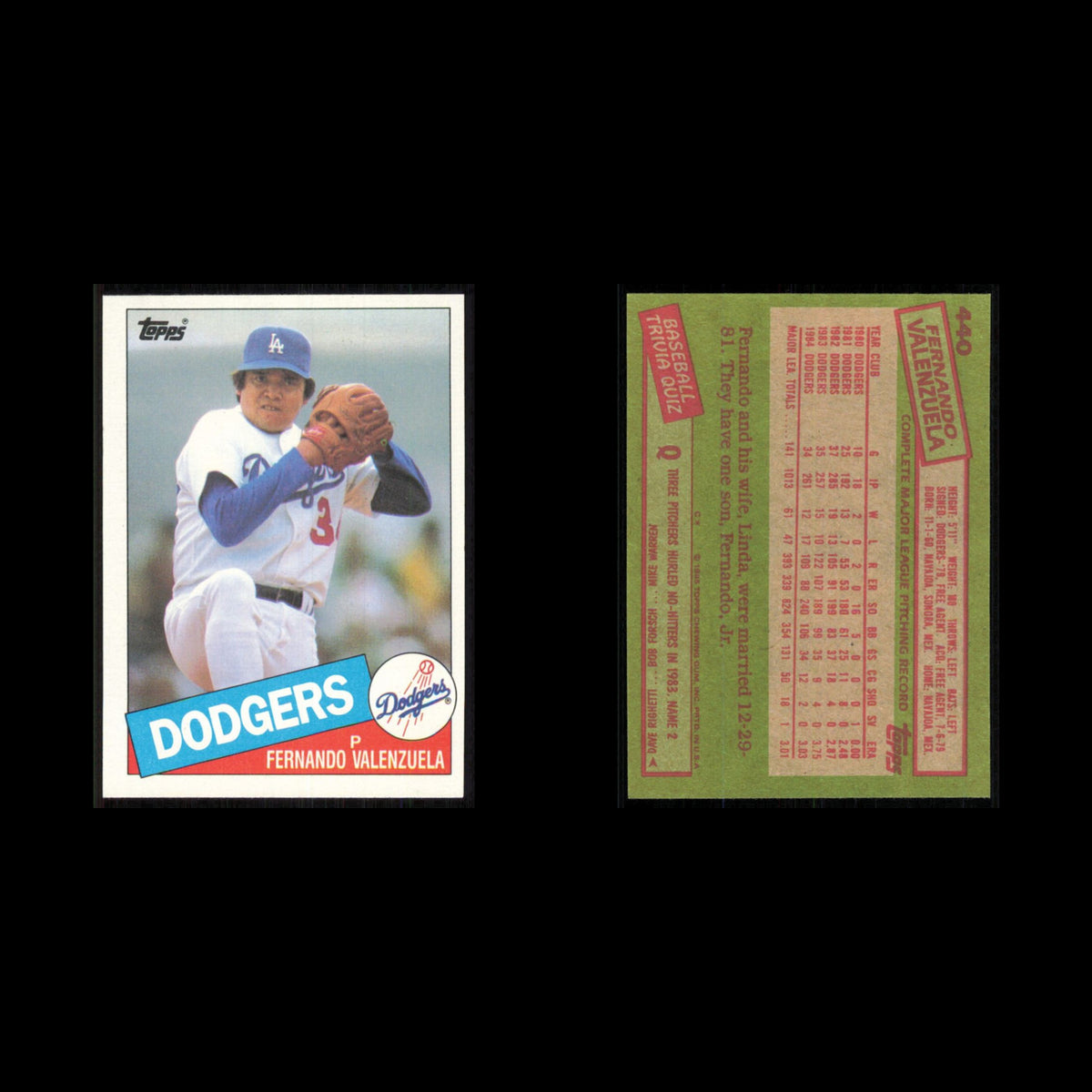 Fernando Valenzuela #440 1985 Topps Los Angeles Dodgers Baseball Card MLB NM