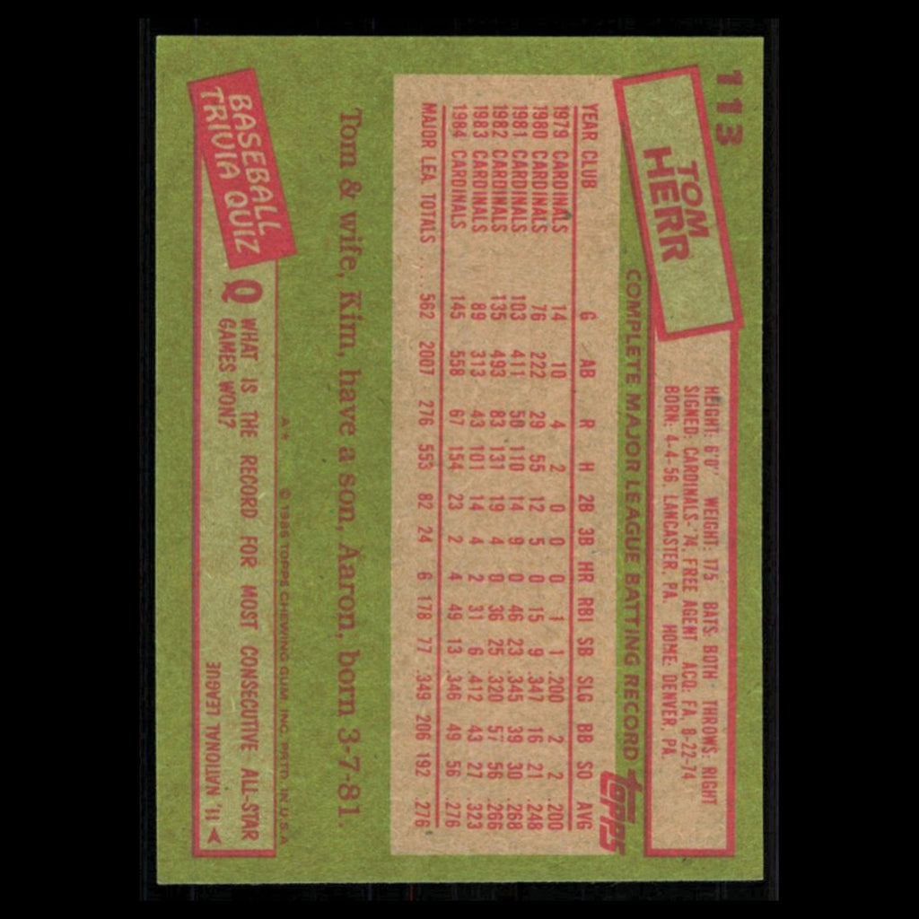Tom Herr #113 1985 Topps St. Louis Cardinals Baseball Card MLB NM