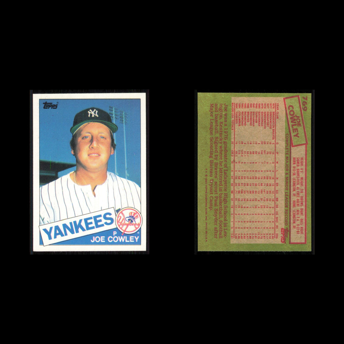 Joe Cowley #769 1985 Topps New York Yankees Baseball Card MLB NM