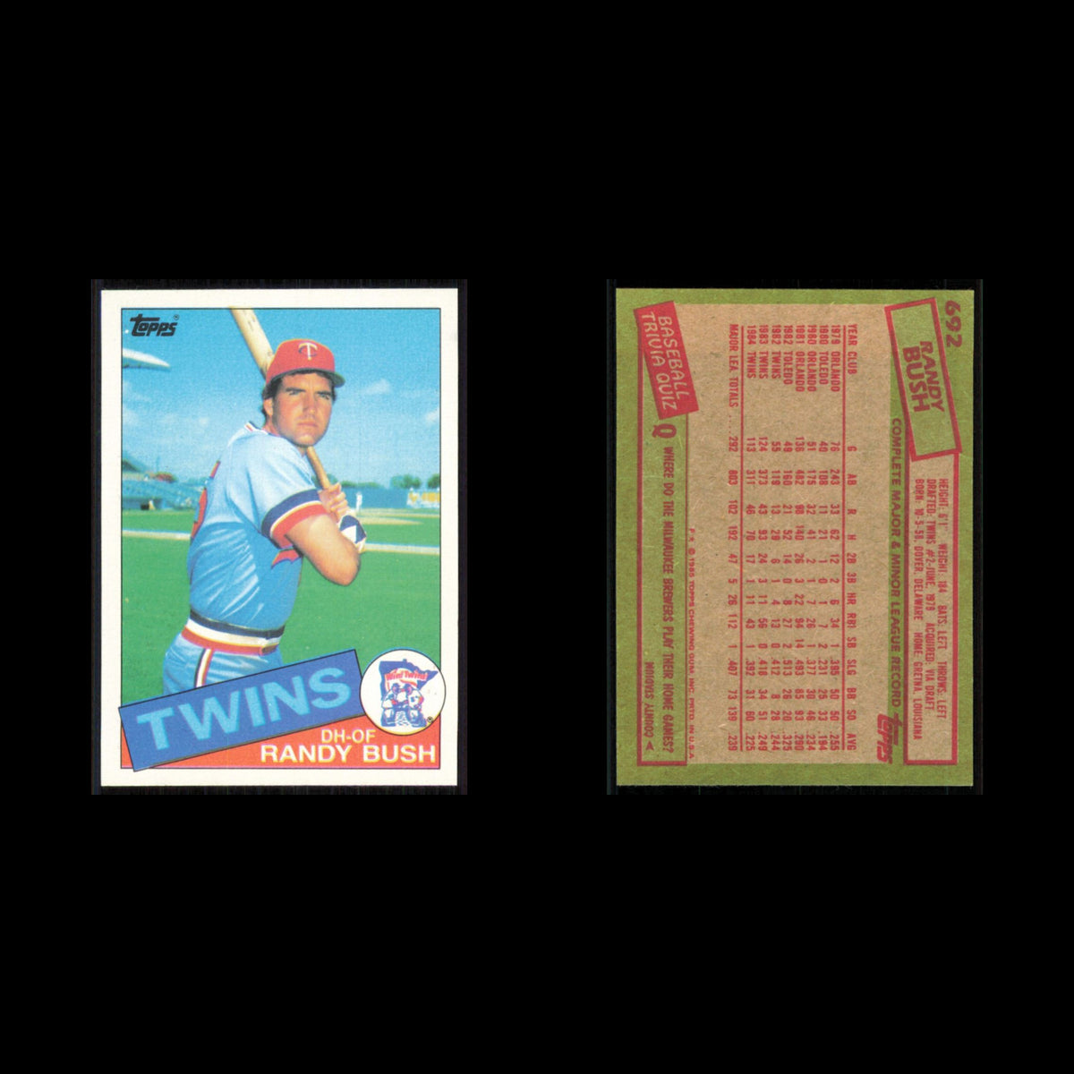 Randy Bush #692 1985 Topps Minnesota Twins Baseball Card MLB NM