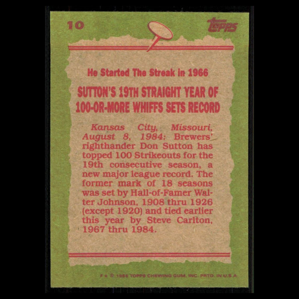 Don Sutton #10 1985 Topps Milwaukee Brewers Baseball Card MLB NM