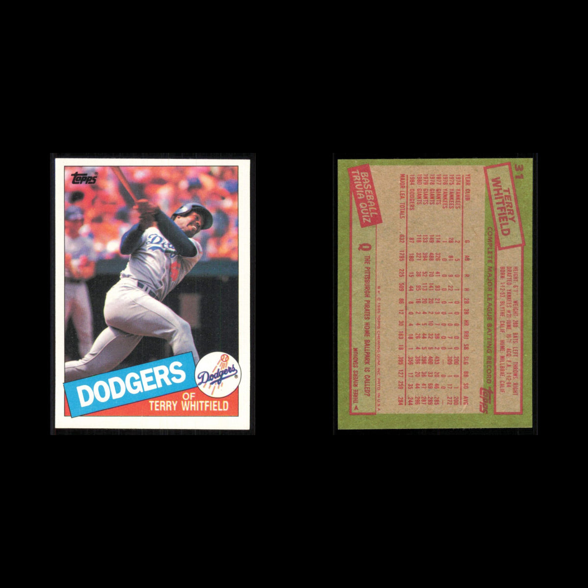 Terry Whitfield #31 1985 Topps Los Angeles Dodgers Baseball Card MLB NM