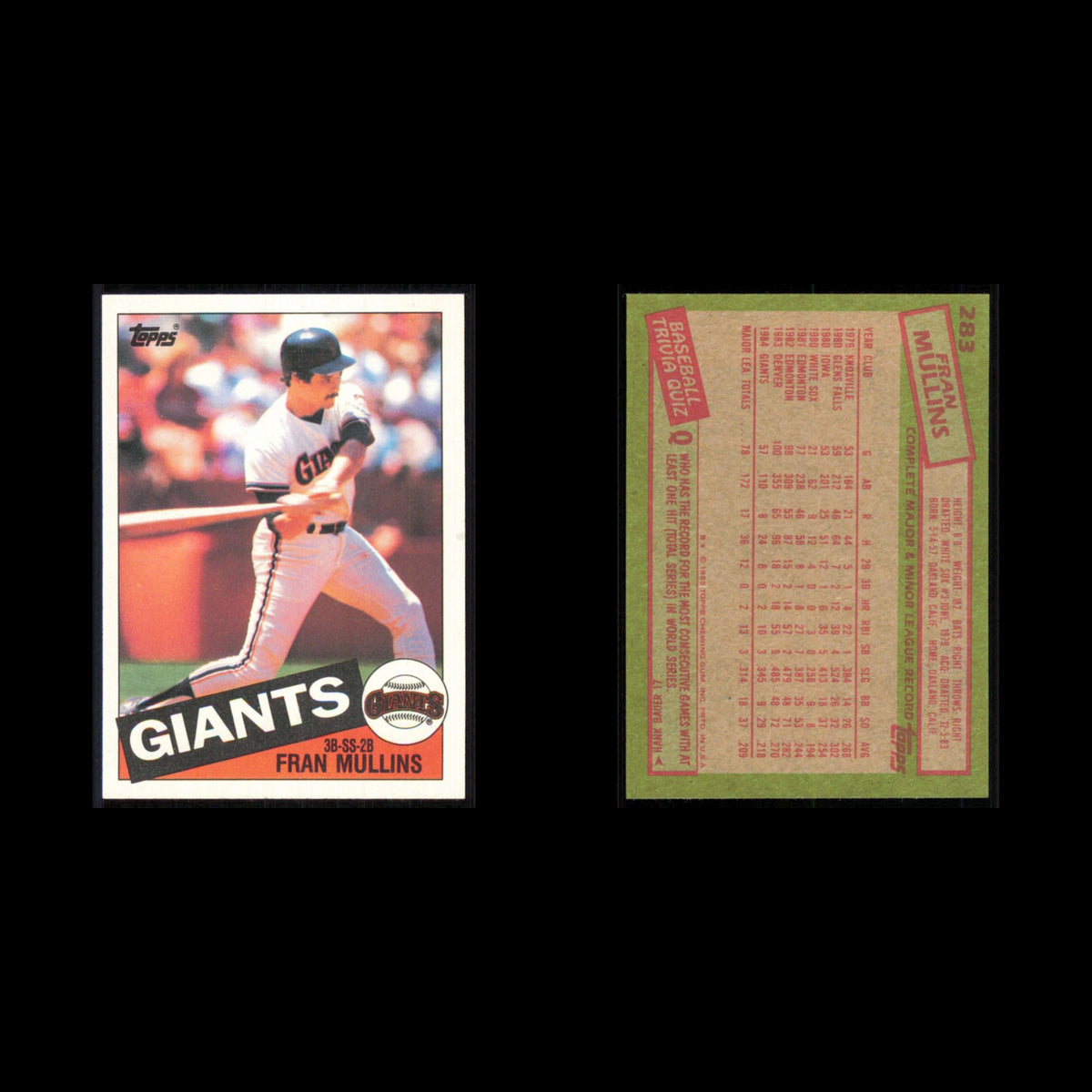 Fran Mullins #283 1985 Topps San Francisco Giants Baseball Card MLB NM