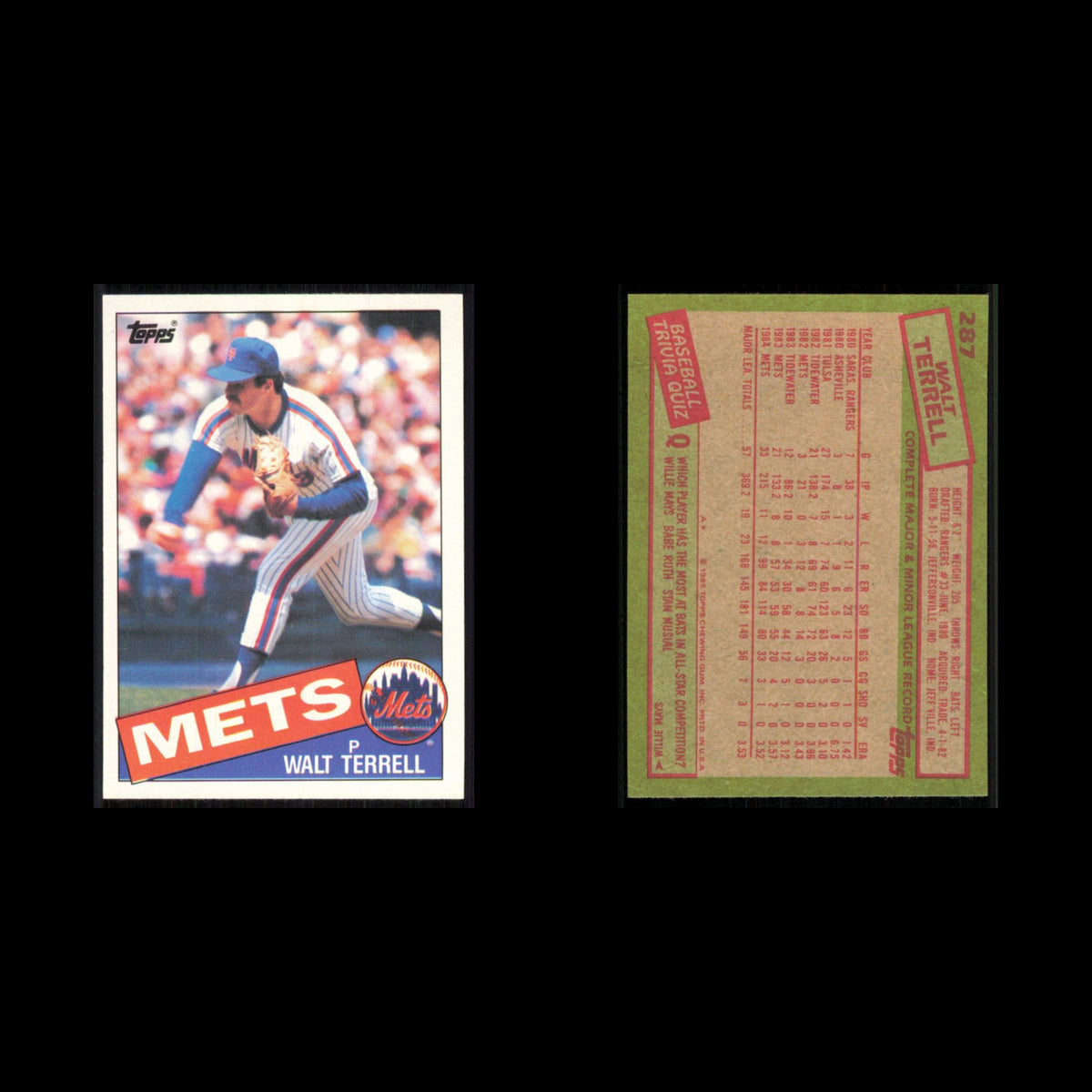 Walt Terrell #287 1985 Topps New York Mets Baseball Card MLB NM