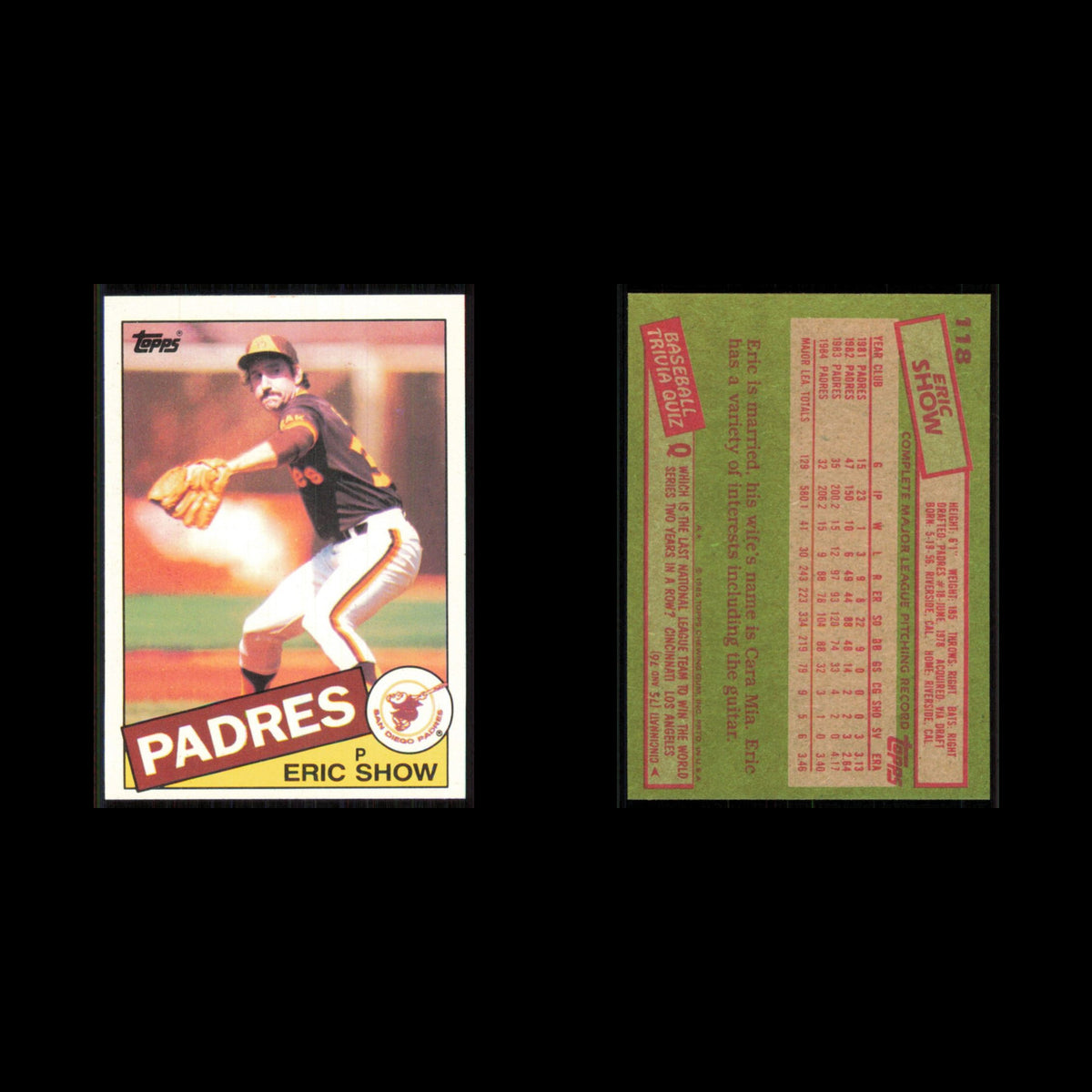 Eric Show #118 1985 Topps San Diego Padres Baseball Card MLB NM