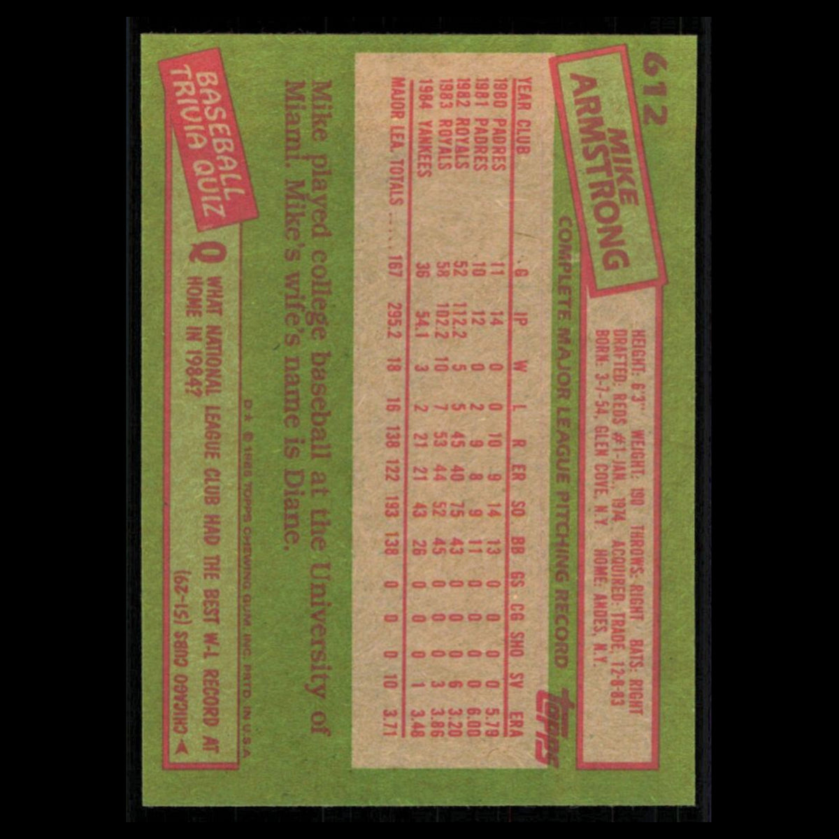 Mike Armstrong #612 1985 Topps New York Yankees Baseball Card MLB NM