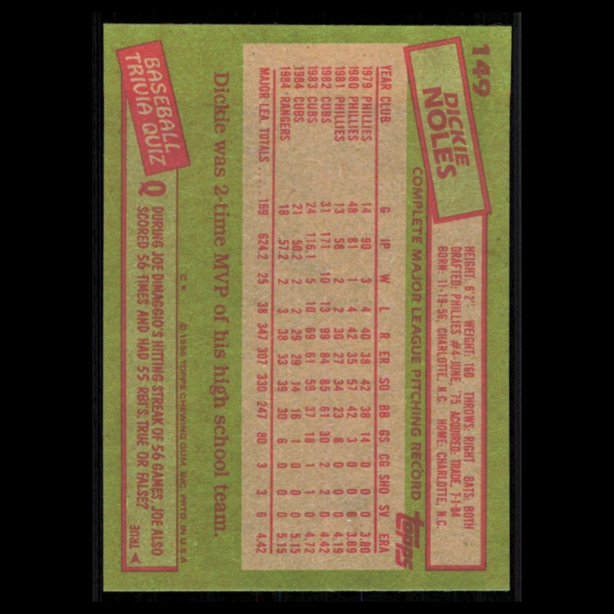 Dickie Noles #149 1985 Topps Texas Rangers Baseball Card MLB NM
