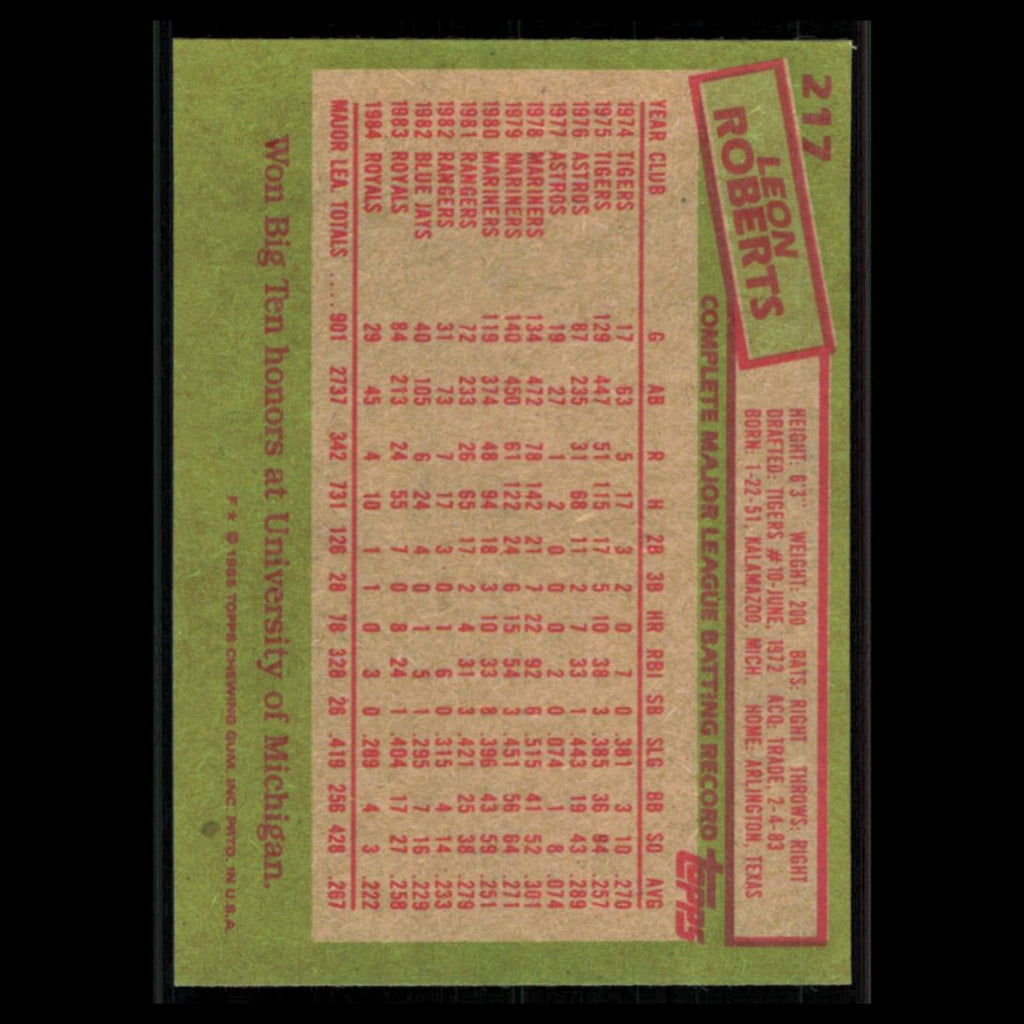 Leon Roberts #217 1985 Topps Kansas City Royals Baseball Card MLB NM