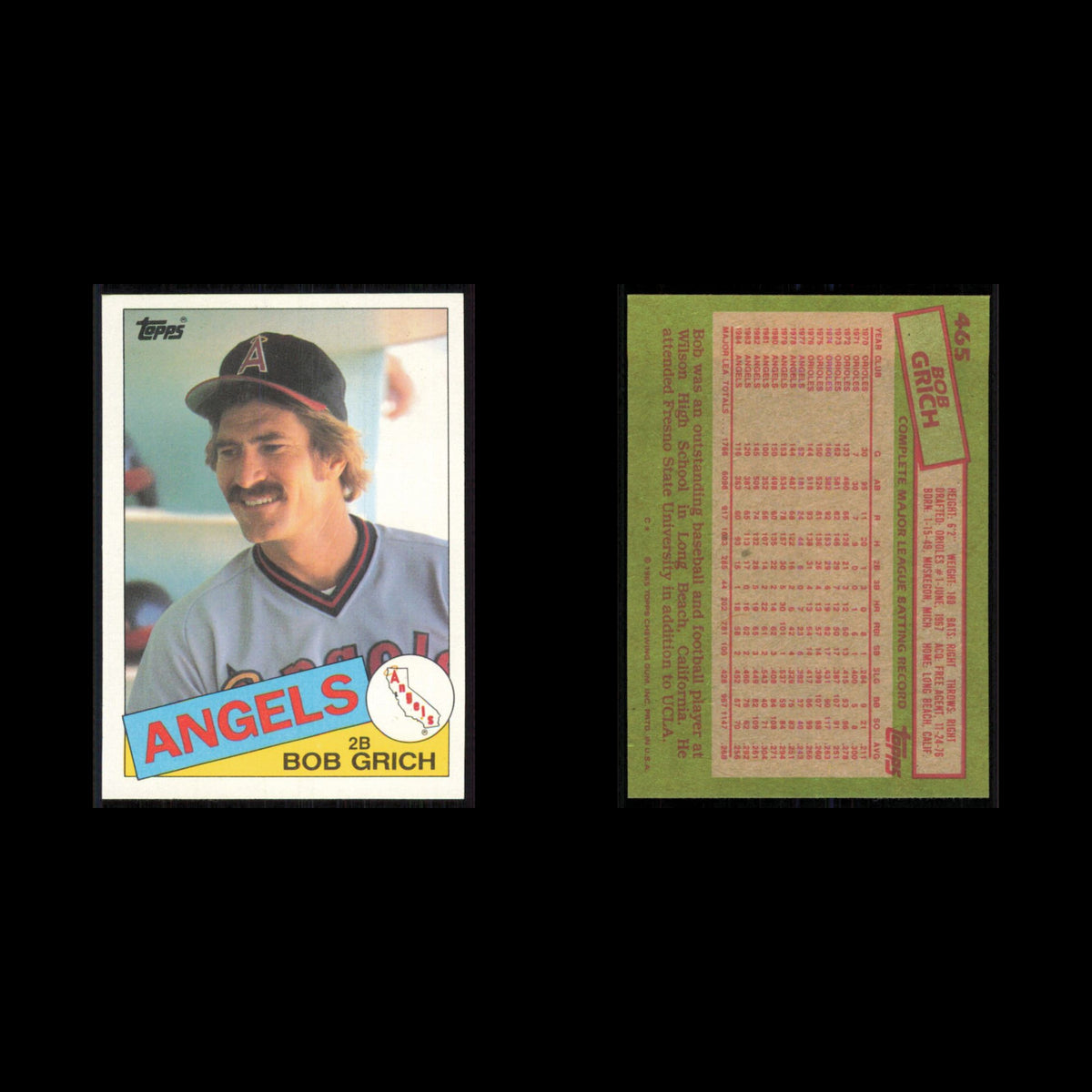 Bob Grich #465 1985 Topps California Angels Baseball Card MLB NM